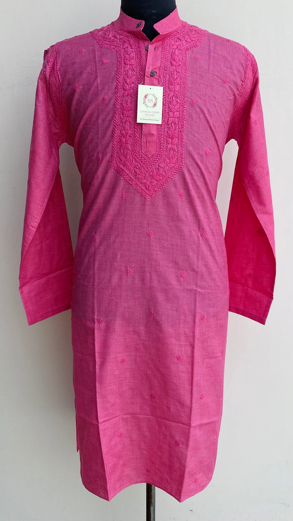 Lucknowi Chikankari Men's Kurta Pink Cotton