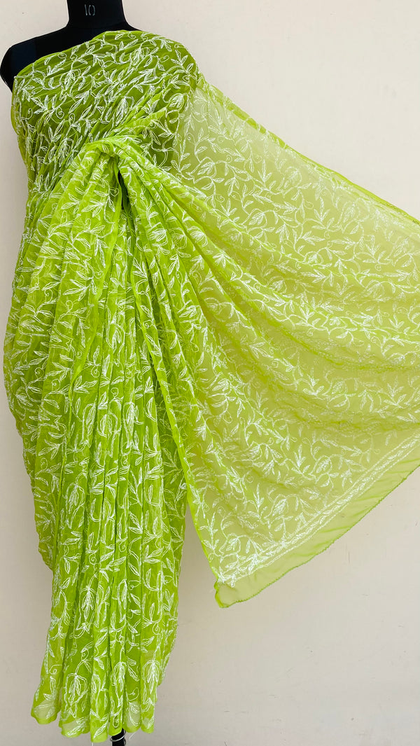 Lucknowi Chikankari Saree Parrot Green Georgette