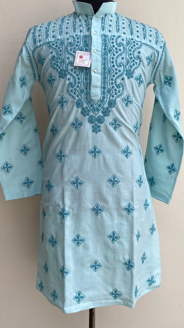 Lucknowi Chikankari Men's Kurta Blue Cotton