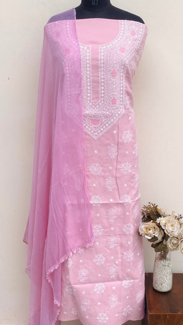 Lucknowi Chikankari Suit Length 3 Piece Rose Pink Cotton With Jaali Work