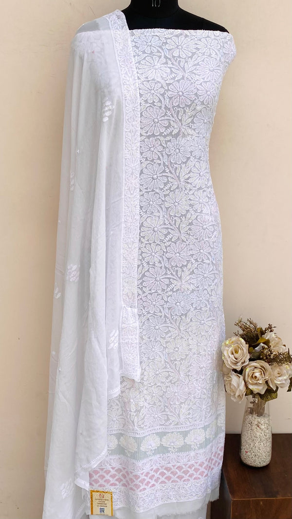 Lucknowi Chikankari Suit Length 2 Piece White Pure Georgette With Cutdana Work