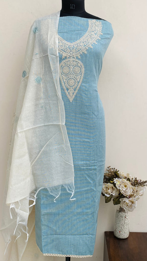 Designer Embroidered Suit Length 3 Piece Aqua Blue Linen With Sequence Work