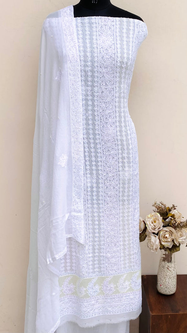 Lucknowi Chikankari Suit Length 2 Piece White Pure Georgette With Pearl & Cutdana Work