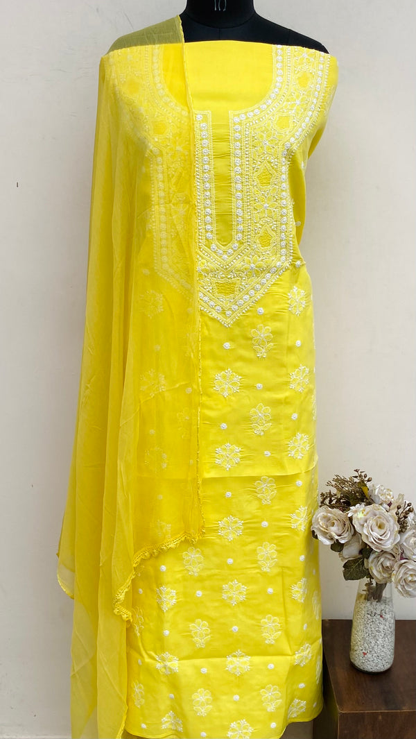 Lucknowi Chikankari Suit Length 3 Piece Yellow Cotton With Jaali Work