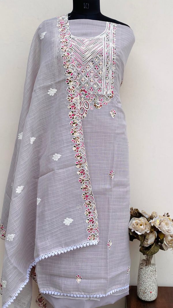 Designer Embroidered Suit Length 3 Piece Gray Kota