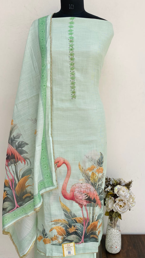 Designer Embroidered Suit Length 3 Piece Pista Green Linen With Stone Work