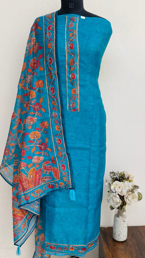 Designer Embroidered Suit Length 3 Piece Blue Mal Chanderi