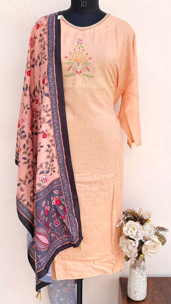 Designer Embroidered Suit Length 3 Piece Peach Muslin Cotton With Sequence Work