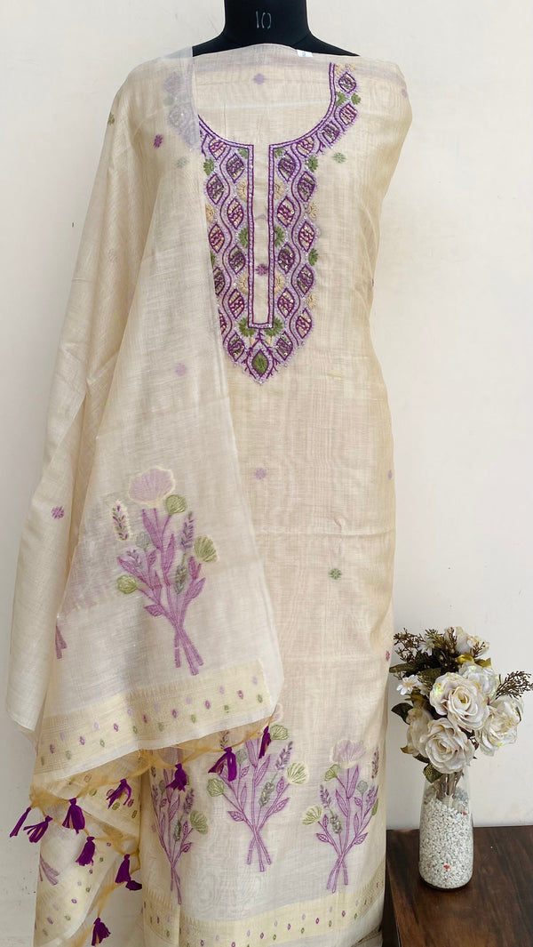 Designer Embroidered Suit Length 3 Piece Beige Linen With Sequence Work