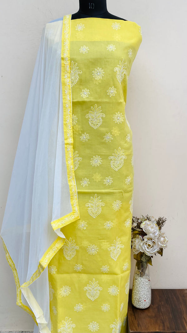 Lucknowi Chikankari Suit Length 3 Piece Yellow Cotton