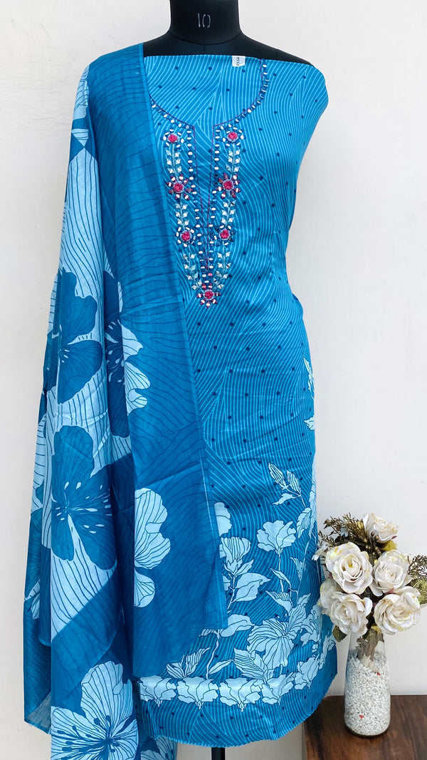 Designer Embroidered Suit Length 3 Piece Blue Muslin Cotton With Mirror Work