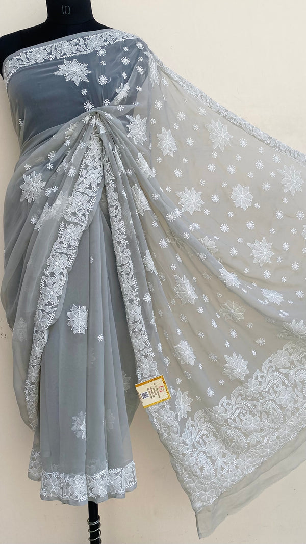 Lucknowi Chikankari Saree Gray Georgette