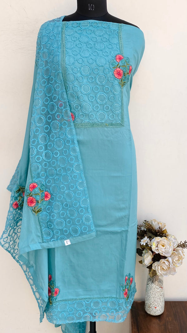 Designer Embroidered Suit Length 3 Piece Turquoise Green Mal Cotton