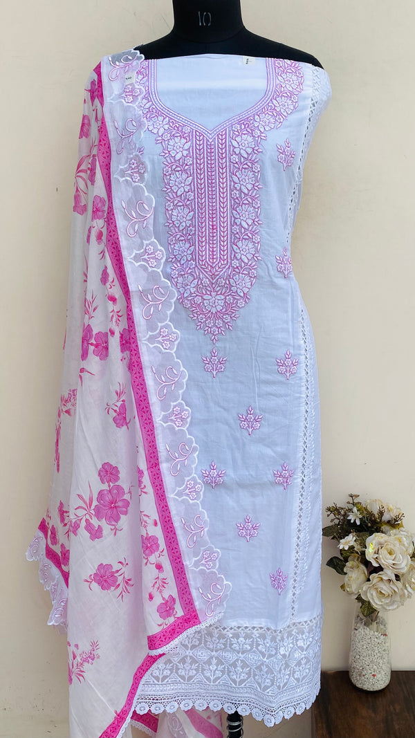 Designer Embroidered Suit Length 3 Piece White Mal Cotton With Sequence Work