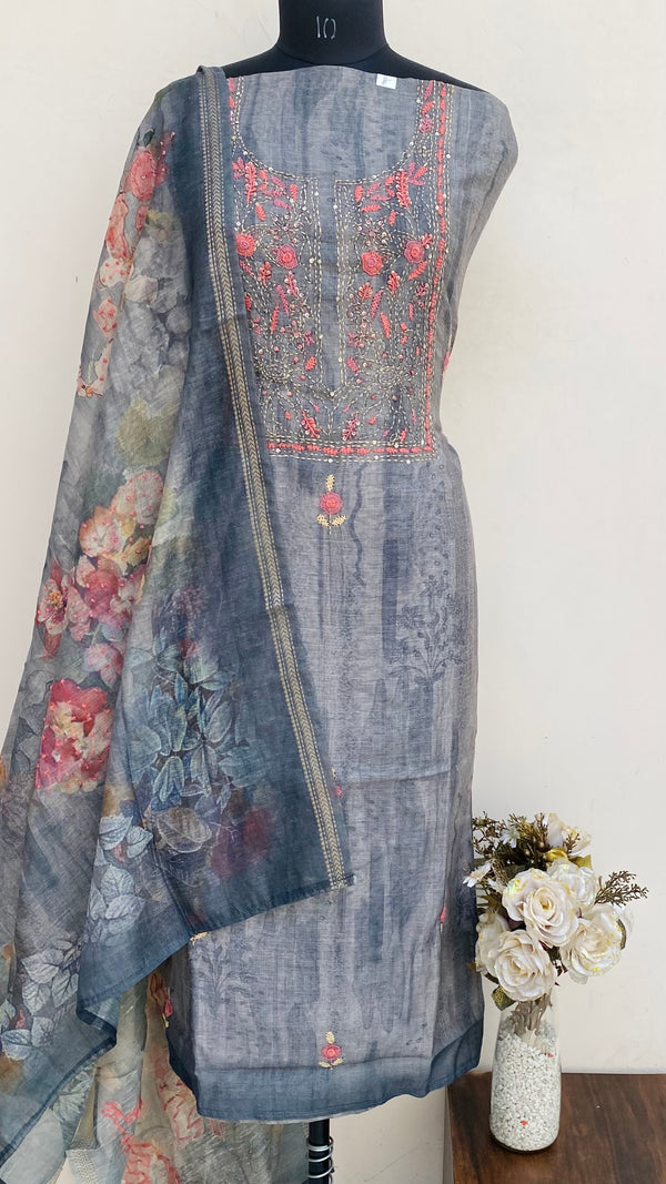 Designer Embroidered Suit Length 3 Piece Gray Linen With Sequence Work