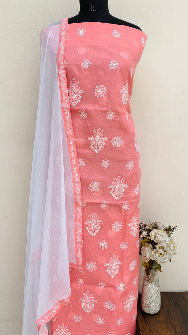 Lucknowi Chikankari Suit Length 3 Piece Pink Cotton