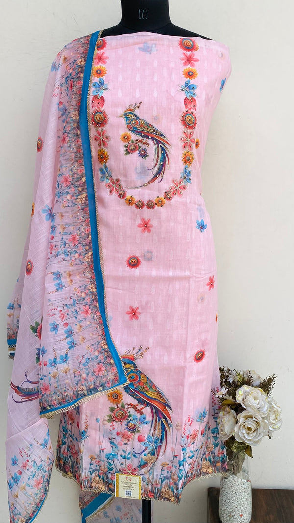 Designer Embroidered Suit Length 3 Piece Pink Linen With Stone Work