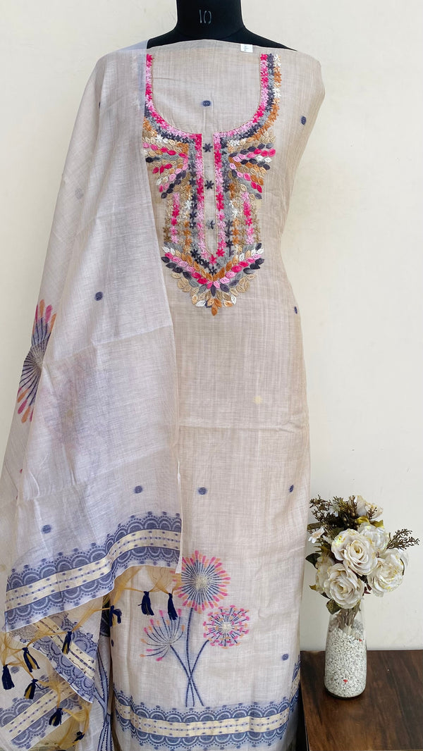 Designer Embroidered Suit Length 3 Piece Beige Linen With Sequence Work