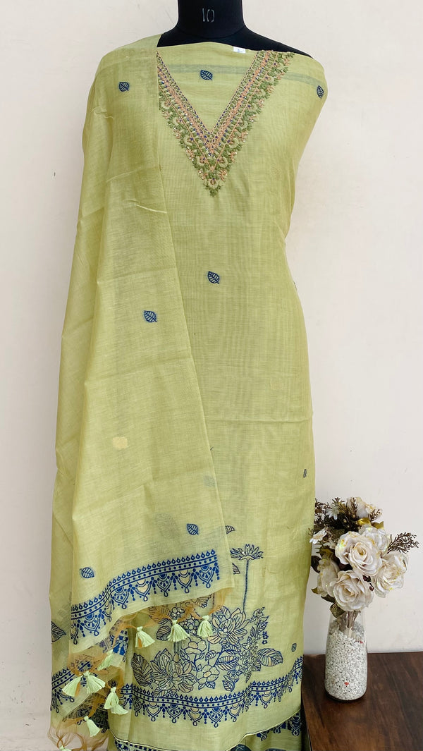 Designer Embroidered Suit Length 3 Piece Green Linen With Sequence Work