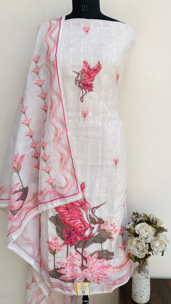 Designer Embroidered Suit Length 3 Piece Cream Linen With Sequence,Cutdana & Pearl  Work