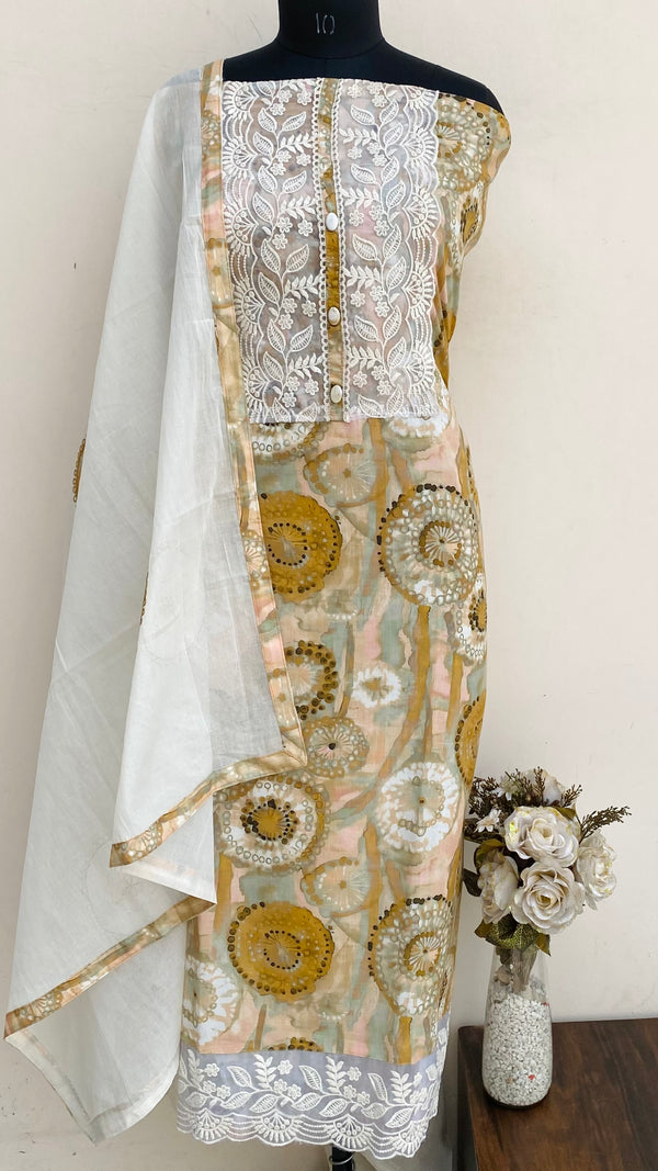 Designer Embroidered Suit Length 3 Piece Beige Mal Cotton With Sequence Work