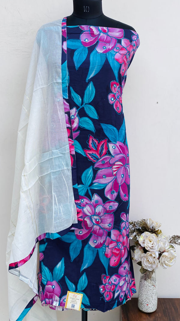 Designer Embroidered Suit Length 3 Piece Navy Blue Muslin Cotton