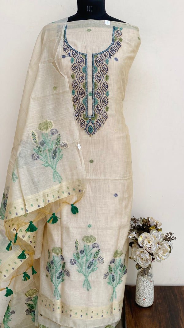 Designer Embroidered Suit Length 3 Piece Beige Linen With Sequence Work