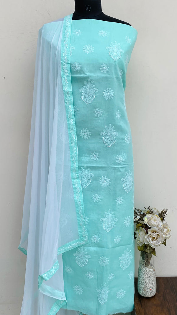 Lucknowi Chikankari Suit Length 3 Piece Sea Green Cotton
