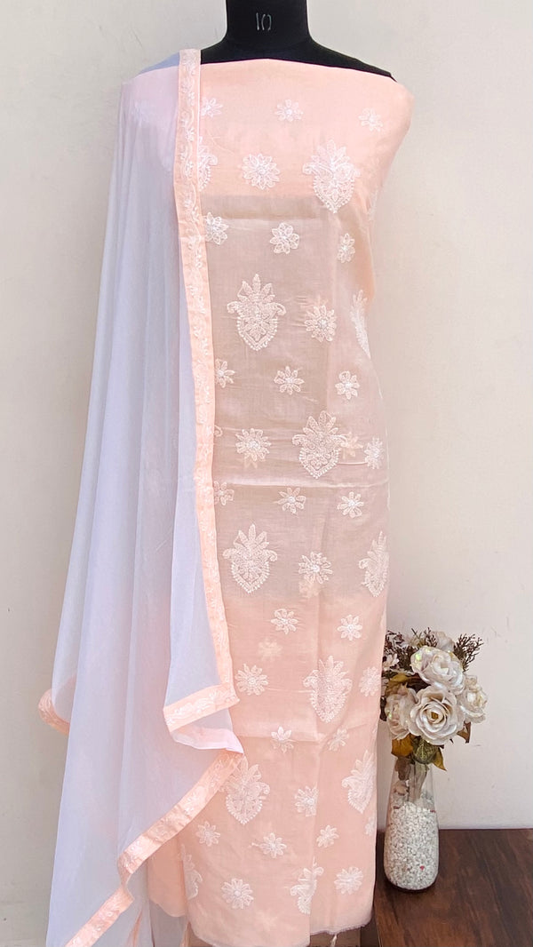 Lucknowi Chikankari Suit Length 3 Piece Peach Cotton