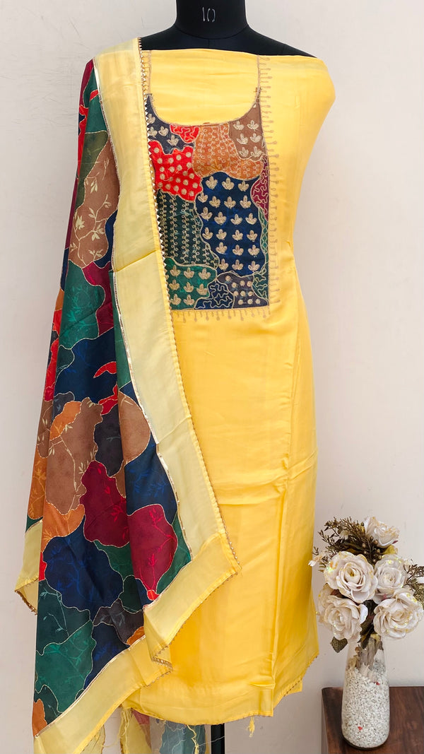 Designer Embroidered Suit Length 3 Piece Yellow Mal Chanderi
