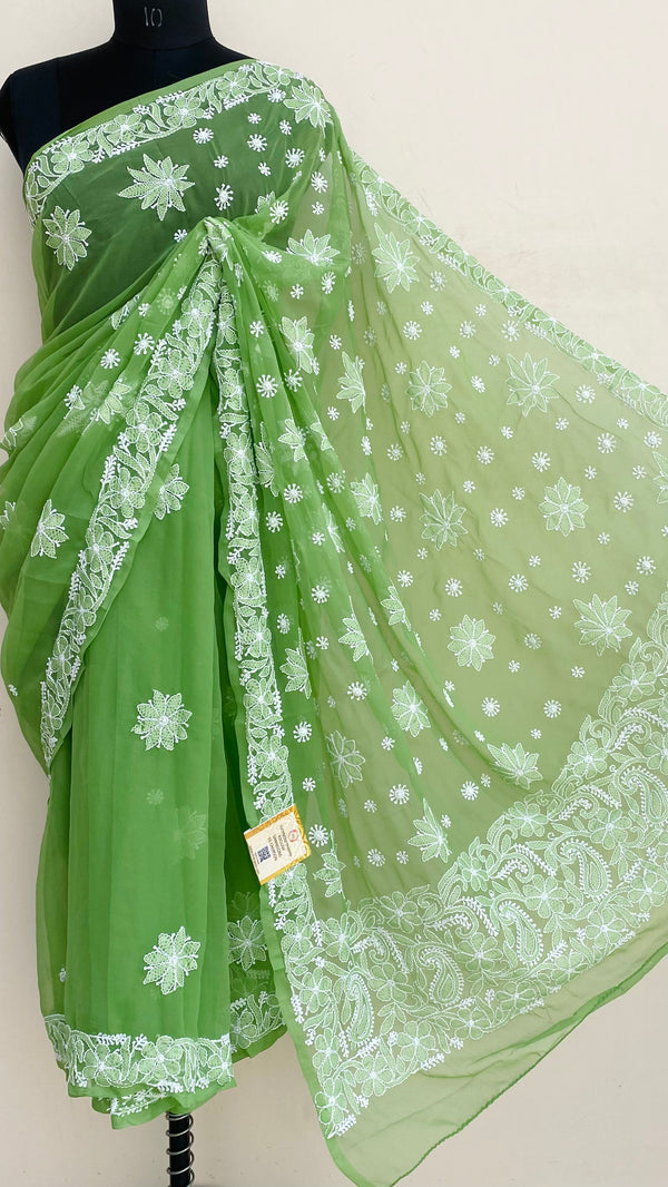 Lucknowi Chikankari Saree Green Georgette