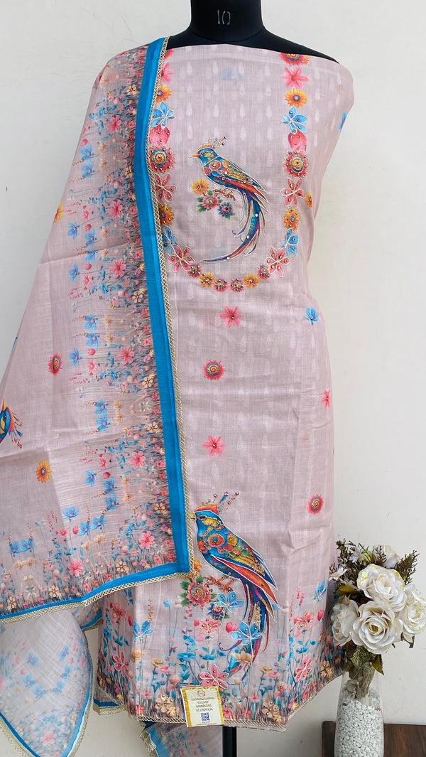 Designer Embroidered Suit Length 3 Piece Brown Linen With Stone Work