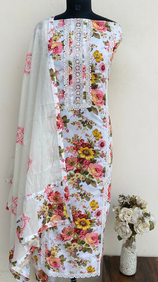 Designer Embroidered Suit Length 3 Piece White Muslin Cotton
