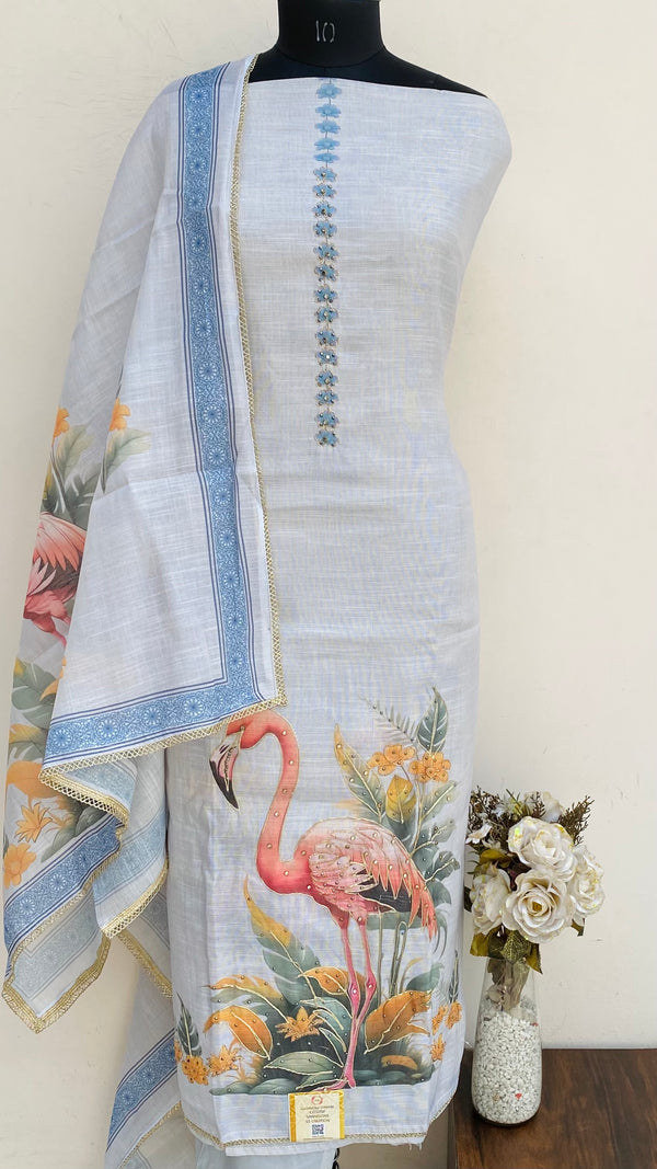 Designer Embroidered Suit Length 3 Piece Gray Linen With Stone Work