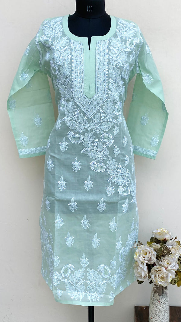 Lucknowi Chikankari Kurti Teal Green Cotton With Jaali Work