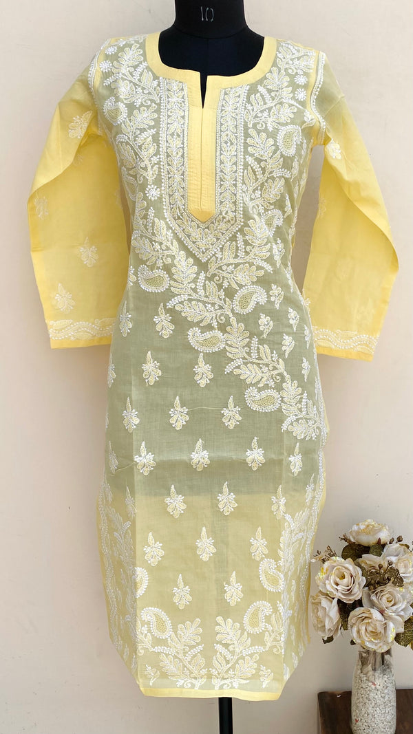 Lucknowi Chikankari Kurti Yellow Cotton With Jaali Work