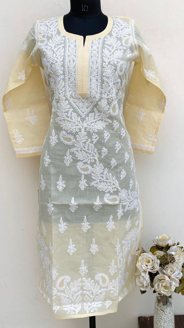 Lucknowi Chikankari Kurti Beige Cotton With Jaali Work