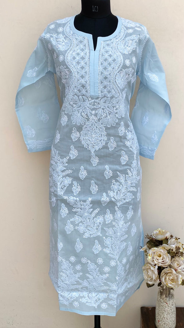 Lucknowi Chikankari Kurti Powder Blue Cotton