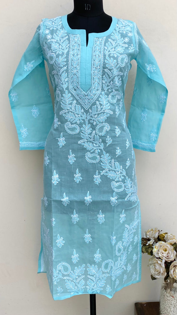 Lucknowi Chikankari Kurti Blue Cotton With Jaali Work