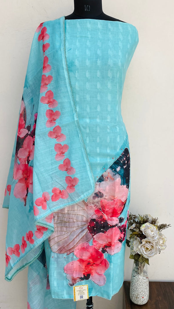 Designer Embroidered Suit Length 3 Piece Sea Green Linen With Cutdana & Pearl Work
