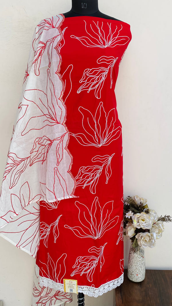 Designer Embroidered Suit Length 3 Piece Red Mal Cotton