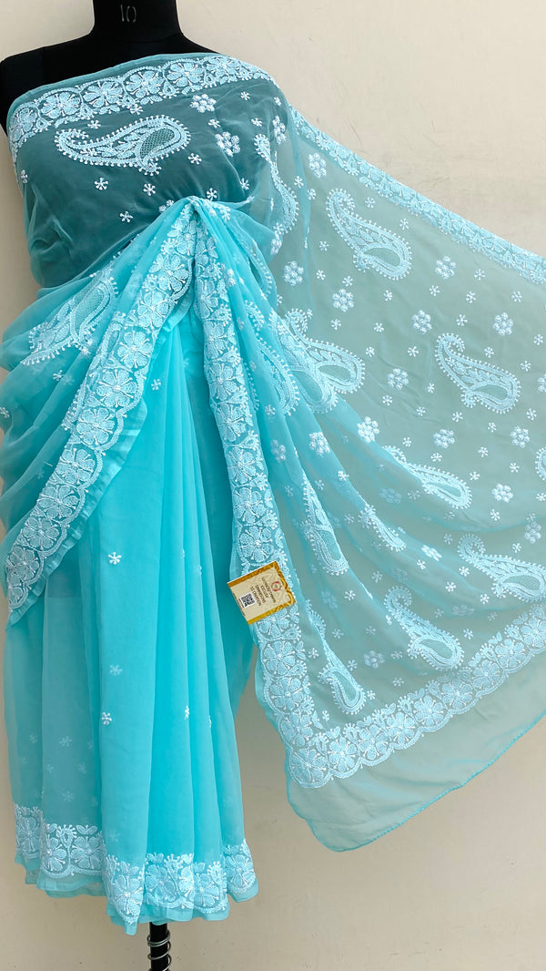 Lucknowi Chikankari Saree Blue Georgette With Jaali Work