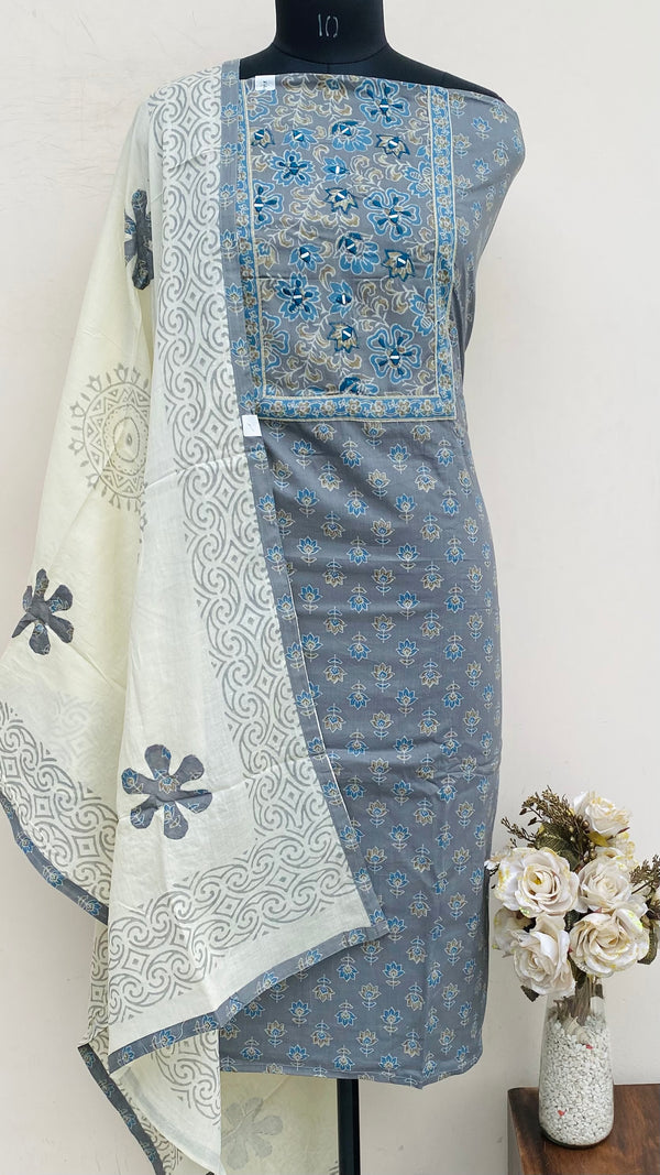 Designer Embroidered Suit Length 3 Piece Gray Mal Cotton With Mirror Work