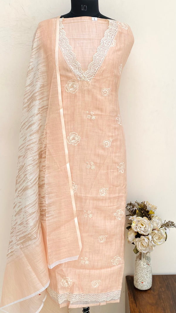 Designer Embroidered Suit Length 3 Piece Beige Linen With Sequence Work