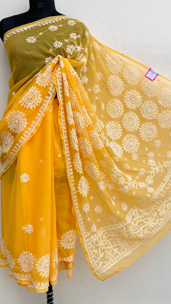 Lucknowi Chikankari Saree Mustard Georgette