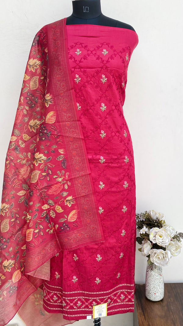Designer Embroidered Suit Length 3 Piece Maroon Muslin Cotton