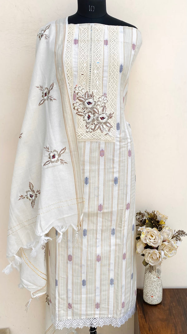 Designer Embroidered Suit Length 3 Piece Cream Linen With Mirror Work