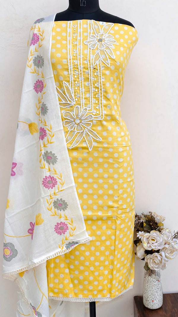 Designer Embroidered Suit Length 3 Piece Yellow Mal Cotton With Mirror Work