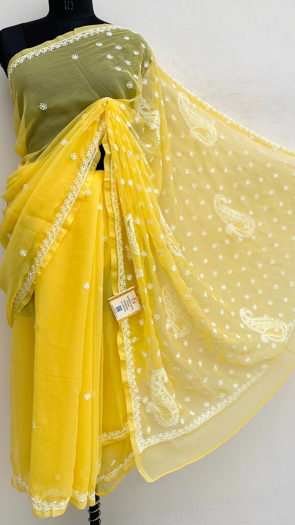 Lucknowi Chikankari Saree Yellow Georgette With Jaali Work