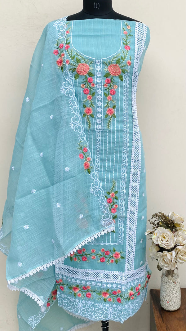 Designer Embroidered Suit Length 3 Piece Aqua Blue Kota